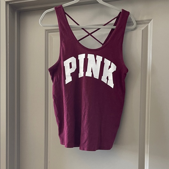 PINK Victoria's Secret Tops - PINK Victoria's Secret Maroon Tank with White Logo and Crisscross Back